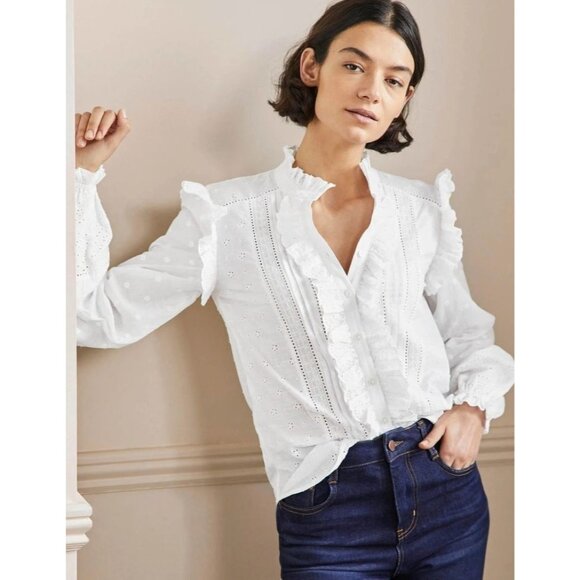 Boden Womens Ruffle Shirt Top UK 16P US 12P White Broderie Cotton T0975 NWT - Picture 1 of 13